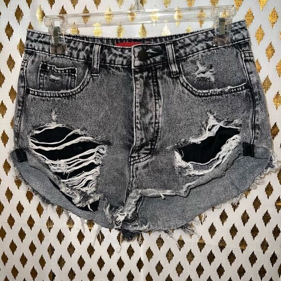 Signature 8 black acid wash distressed denim shorts high waist 5 button size M p - Picture 2 of 5